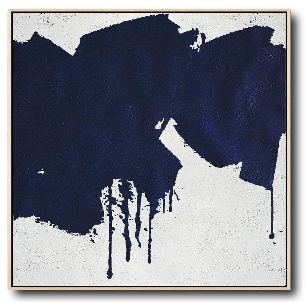 Large Modern Abstract Painting,Minimalist Navy Blue And White Painting,Personalized Canvas Art